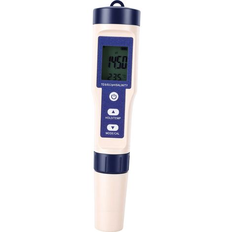 Testeur numérique 5 en 1 pour la qualité de l'eau : pH, TDS, EC, salinité, température. Écran rétroéclairé. Idéal pour aquariums et laboratoires hydroponiques. (1/5)