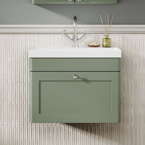 Nuie Classique Wall Hung 1-Drawer Vanity Unit with 1TH Thin-Edge Basin 600mm Wide - Satin Green (1/5)