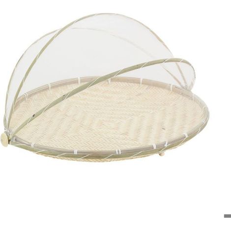 1 plateau rond en bambou, cloche pliable en filet blanc, diamètre 55 cm, hauteur 30 cm, pour présentation alimentaire ou décoration intérieure
