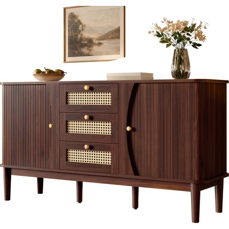 Buffet, commode en rotin, commode à portes coulissantes, étagères réglables et plateau arrondi. (1/5)