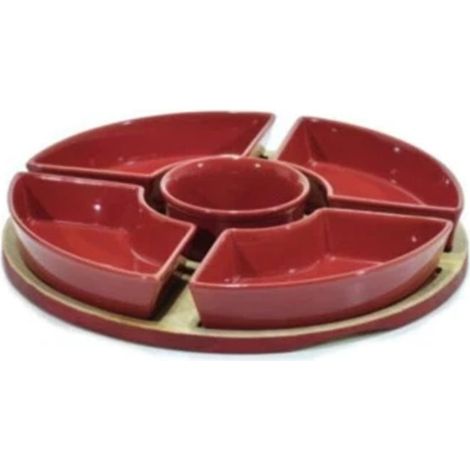 Ensemble D'apéritif Rouge Avec 5 Bols En Céramique Bac De Base Dans Les Sauces De Collation En Bambou ø28cm (1/2)