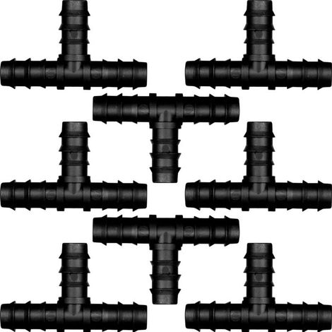 Lot de 8 raccords en T cannelés pour irrigation au goutte-à-goutte, raccords en T universels 1/2 pouce, connecteurs en plastique pour tuyaux d'arrosage, Noir (Raccord en T) (1/5)