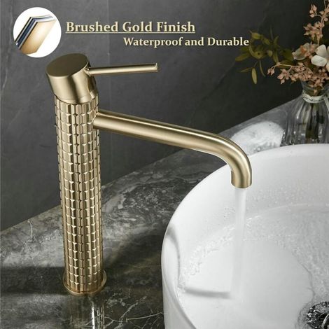 Robinet Salle Bain Or Brossé - Mitigeur Lavabo Haut Robinet Lavabo Doré - Robinetterie Vasque à Poser en Laiton (1/4)