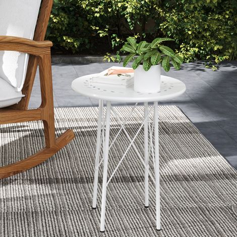 Table de jardin ronde Ø40x50cm blanc en acier avec motifs de fleurs et feuilles, pieds réglables et structure en X (1/4)