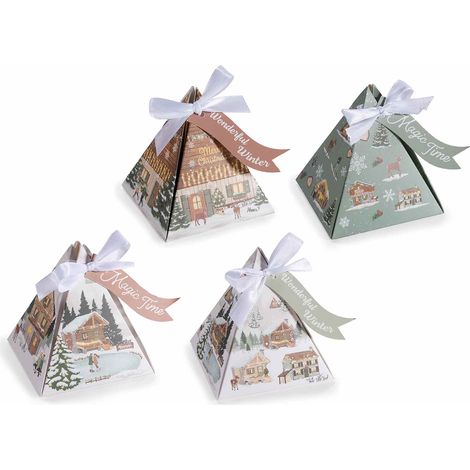 Scatole regalo di Natale in carta a forma di piramide con cordino da appendere e tag augurale, set da 96 pezzi, cm 7,5 x 7,5 x 7,5 H
