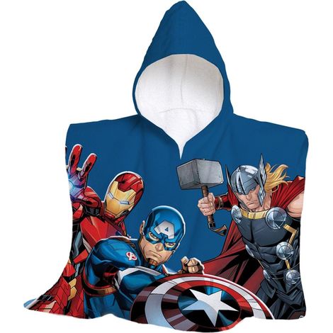 hermet, Marvel, Avengers, Telo Mare Con Cappuccio, Poncho Mare Maxi da Bambino, 60x60 cm, Asciugamano da Spiaggia o Piscina, 100% Morbido Cotone
