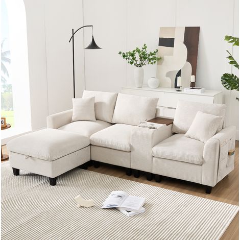 Divano angolare L in tessuto a coste beige con console centrale, USB e 2 portabicchieri OKMYHOME (1/5)