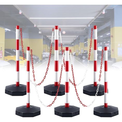 Lot de 6 poteaux de barrière avec socle, y compris 5 chaînes de 2,5 m et 20 boucles en S, poteaux de barrière amovibles pour parking, garage, allée (1/5)