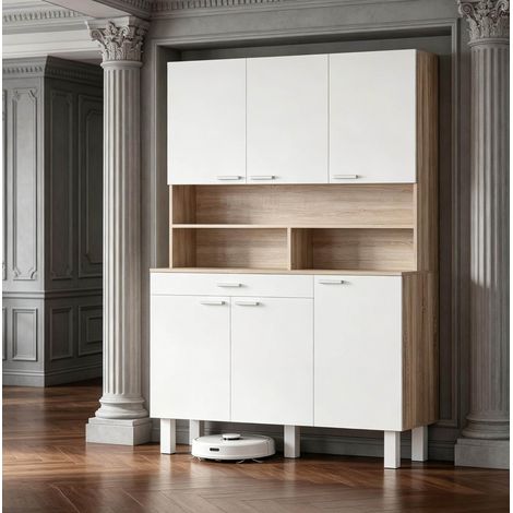 Hoher Küchenschrank 120 x 40 x 175 cm, 6 Türen, 1 Schublade, weiß und Holzoptik HAVRYA (1/5)