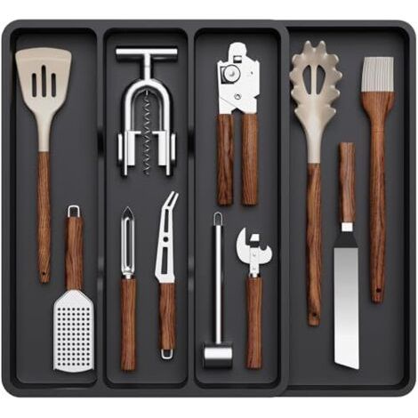 Rangement Couvert Extensible 3 à 4 Compartiments, Range Couverts pour Tiroir, Organisation de Cuisine en Plastique, Separateur Tiroir pour Couverts, Cuillères, Fourchettes, Couteaux, Noir (1/5)