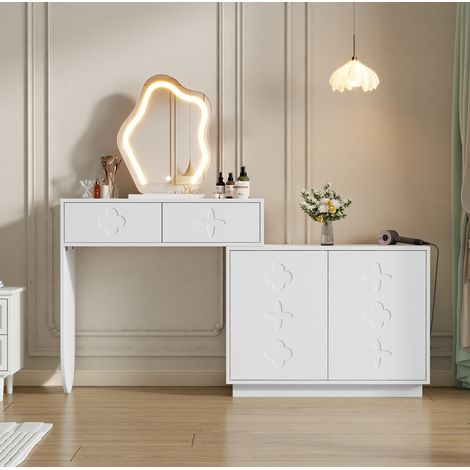 Schminktisch 160/40/132 cm in Weiß mit LED-Spiegel und viel Stauraum (1/5)