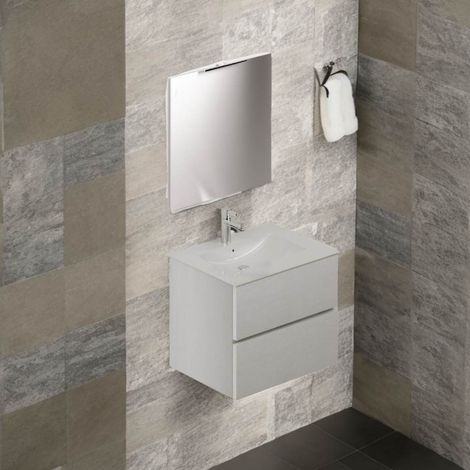 Mobile bagno sospeso bianco frassinato 2 cassetti con lavabo e specchio COMP60BF 61x46x54h (1/2)