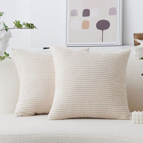 Lot de 2 housses de coussin décoratives en velours rayé, motif crème au fromage, 45 x 45 cm, 18 pouces. (1/5)