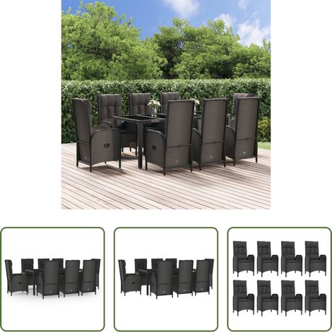 Gartenessgruppe - 9-tlg. Garten-Essgruppe mit Kissen Schwarz und Grau Poly Rattan (1/5)