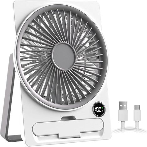 Ventilateur de table rechargeable par USB, avec écran LCD, design ultra-fin, idéal pour le camping, les voyages et l'intérieur, blanc (1/5)