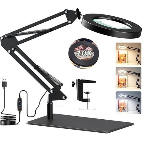 Lampe loupe 10x – Bras pivotant réglable – 3 modes de couleur – 10 niveaux de luminosité – Diamètre lentille 105mm – Pour travaux manuels et réparations (1/5)