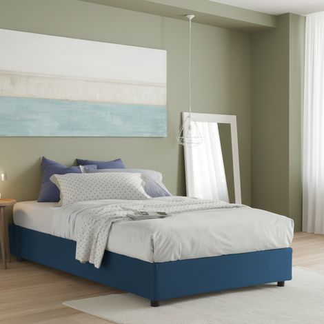Dmora - Lit double Daajj, Lit conteneur avec revêtement en tissu, 100% Made in Italy, Ouverture frontale, avec matelas 140x190 cm inclus, Bleu (1/5)