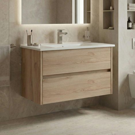 Meuble vasque suspendu 85 cm décor chêne 2 tiroirs MOANA (1/4)
