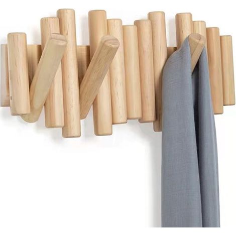 Porte-manteau mural en bois massif – patères pour l'entrée, crochets muraux et crochets pour sacs chambre-Porte-manteau à 5 crochets, couleur bois naturel (37 x 16 cm) (1/5)