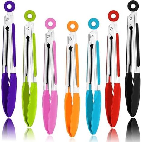 Lot de 7 pinces de cuisine, pinces de cuisson avec poignées en acier inoxydable et silicone et embouts en nylon, pinces en acier inoxydable de 18 cm, résistantes à la chaleur (1/5)