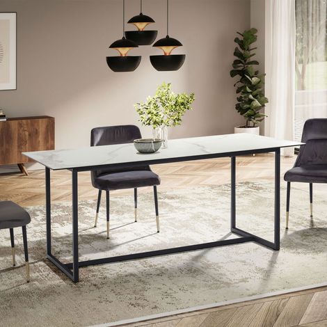 Table repas 180x90x76 cm effet marbre blanc et pied métal - BLUNSKI