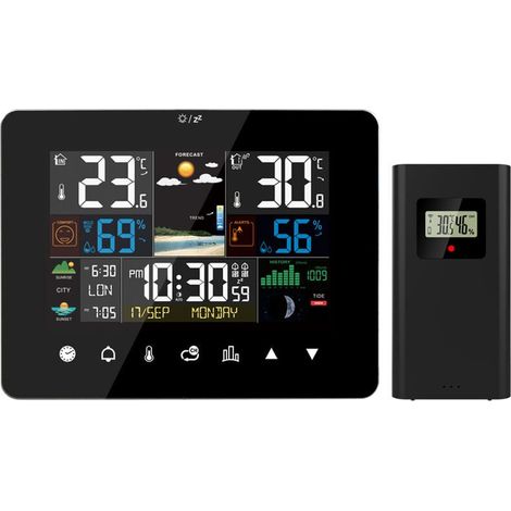 Station météo avec lever/coucher du soleil, réveil polyvalent, thermomètre et hygromètre, écran tactile, sonde extérieure sans fil, noir (1/5)