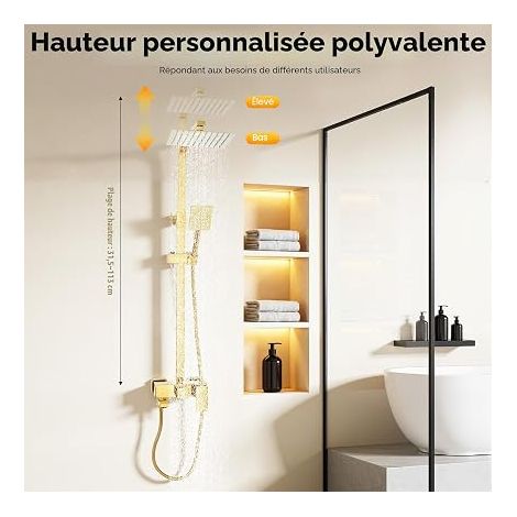 MINRS Kit de douche à effet pluie - Avec robinet en acier inoxydable - Hauteur réglable : 20 x 20 cm - Doré (1/5)