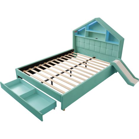 Lit enfant rembourré 140x200 cm bleu vert avec toboggan LED et tiroir de rangement (1/5)