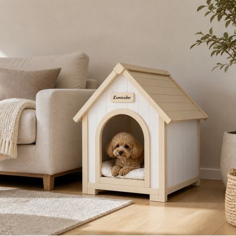 Maison pour animal en bois crème blanc, coussin amovible lavable, design A-Frame, abri intérieur chat chien (1/5)