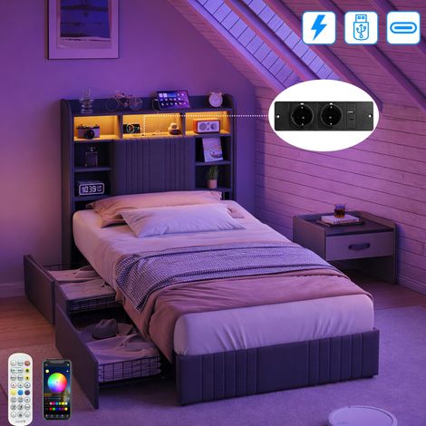 Lit 90x200cm avec sommier LED et USB, lit simple coffre avec 2 tiroir de rangements, lit bibliothèque pour ado et enfants, lin, girs