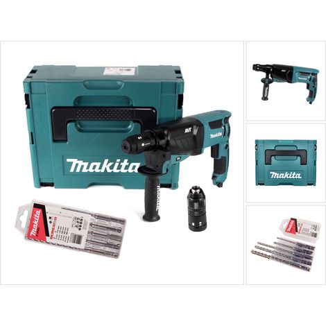 Makita HR 2631 FTJ Kombihammer 800 W 2,4 J SDS Plus + Schnellspannfutter + 5 tlg. Bohrer Set + Makpac