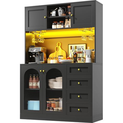 Aparador de Cocina Alto con 4 Puertas, LED Ajustable y Almacenaje Interior, en MDF Negro, 120 x 40 x 188 cm (1/5)