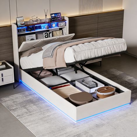Lit coffre 90x200, lit 90x200 , lit simple, lit adulte, lit capitonné, sommier à lattes inclus, éclairage LED et ports USB, design scandinave, lin, beige (1/5)