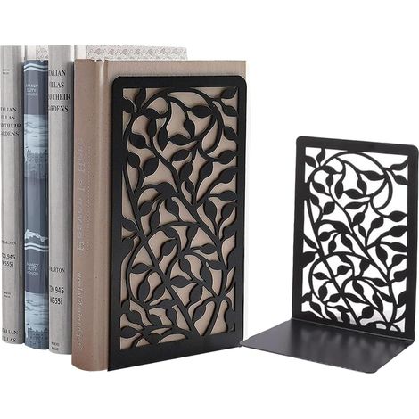 Paar schwarze Buchstützen aus Metall in Efeuform zur sicheren Aufbewahrung von Büchern und CDs in Büros, Wohnungen und Schulen