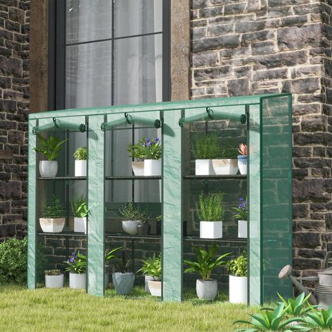 Invernadero de Exterior de 3 Niveles con Puerta Enrollable con Cremallera 9 Estantes Cubierta de PE 215x46x151cm Verde
