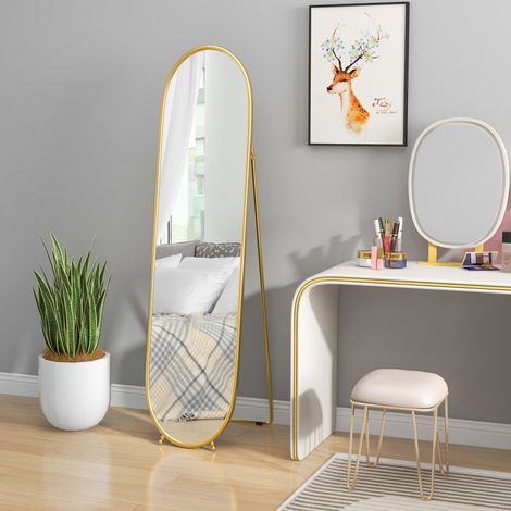 Grand miroir sur pied. miroir ovale. cadre en métal doré. avec support pour entrée. chambre. dressing. 40 x 160 cm