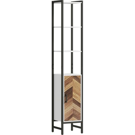 Armoire haute salle de bain 3 étagères ouvertes 1 porte étagère réglable anti-bascule blanc noyer 30x30x170 cm