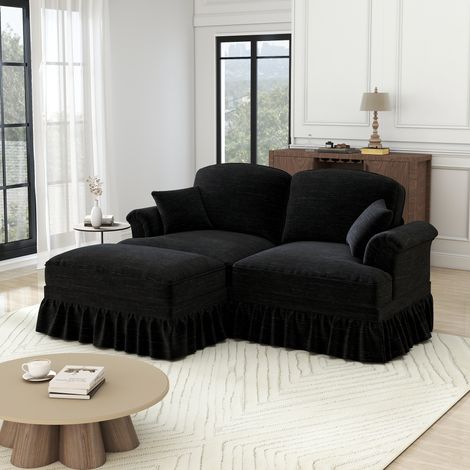 Divano angolare in ciniglia nero con pouf mobile e gonna removibile, 2 look