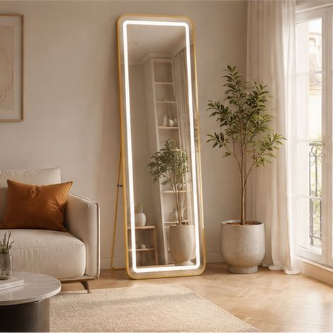Miroirs pleine longueur 150 x 40 cm, miroir de sol sur pied,Miroir Complet arqué,Miroir de Sol, Grand Miroir sur Pied bombé,Debout ou Appuyé Contre,cadre doré arc, avec éclairage dimmable 3 tons, pris (1/5)