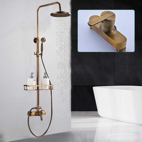 Antik Armatur Duschset Regendusche Duscharmatur Messing Brause Nostalgie Dusch Rund Duschsystem Handbrause Mit Duschstange Satz Wandmontage Duschgarnitur Set Duschkopf Duschbrause Badzimmer Retro Gold