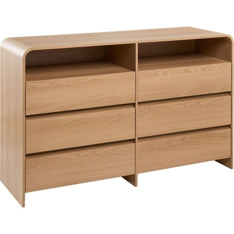 Comodino in stile Japandi a 6 cassetti, in truciolato con impiallacciatura di carta, marrone chiaro, Deloraine (1/5)