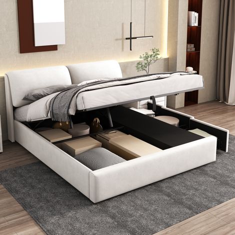 Okwish – Lit coffre 180x200 cm – Lit double rembourré en velours beige – Hydraulique avec 3 tiroirs – Accès facile au rangement (1/5)