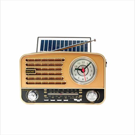 Radio toutes bandes (or rose) - Horloge rétro - Panneau solaire - Haut-parleur Bluetooth - Lecteur de carte TF - Lecteur USB (1/5)