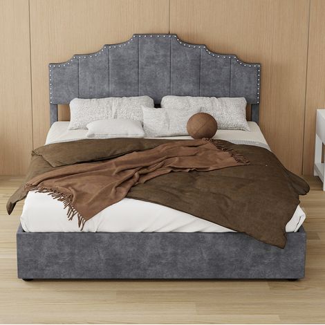 Letto in tessuto e metallo grigio 140x200 cm con rete a doghe e testiera geometrica (1/5)