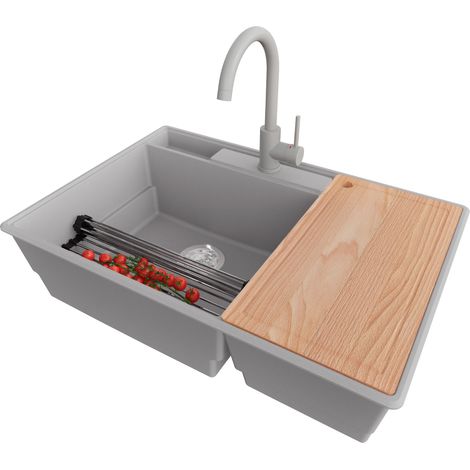 PRIMAGRAN Evier Cuisine en Granit 78x53cm,Lavabo 2 bacs + Robinet 32x20cm + Kit de Vidage + Accessoires, Évier à Encastrer au meuble 80cm - Paris, Gris (1/5)