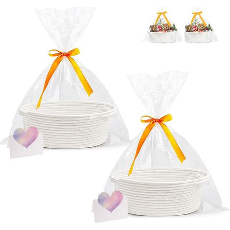 Geschenkkorb aus weißem, geflochtenem Baumwollseil, 30 x 20 x 12 cm, 2er-Set, mit Schleife und Karten (1/5)