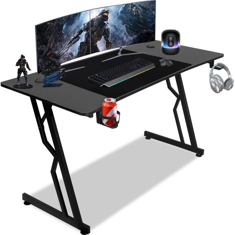 Randaco Gaming Schreibtisch aus Stahl + MDF, Z-förmiger Schreibtisch 140x60cm Gamingtisch mit Mauspad, Getränkehalter und Kopfhörerhaken - ohne LED
