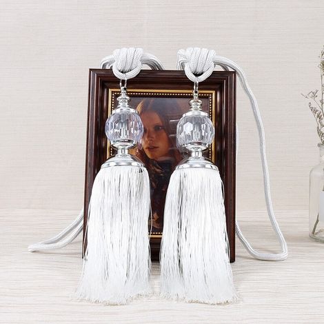 1 Paire de boule de cristal à Suspendre à la Boule à Pompons pour Salon, Chambre à Coucher, Rideau à Nouer à la Maison, Bureau, hôtel, décoration de fenêtre--blanc