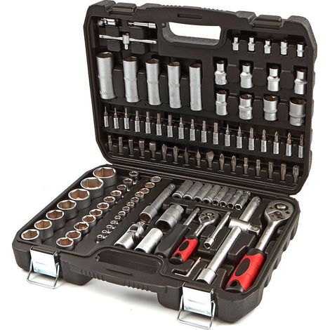 Estuche de herramientas 1/4" y 1/2" carracas, llaves, vasos, puntas, adaptadores 108 piezas (1/5)