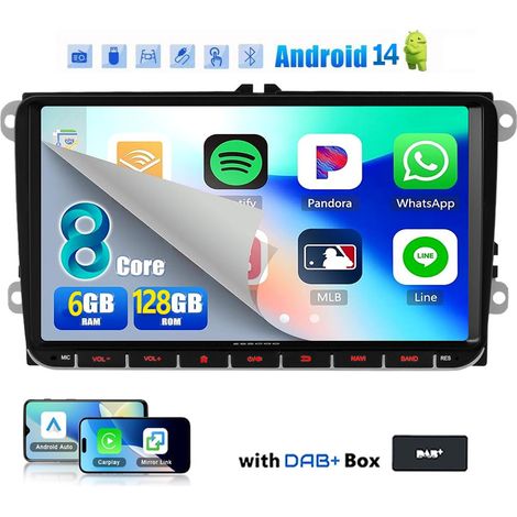 Autoradio Android 14 Carplay 6+128G, GPS, Bluetooth, EQ, USB, Navigation GPS, WIFI, écran tactile, pour VW GOLF 5/6, Touran, Caddy, Polo, 4G - 6+128G DAB+